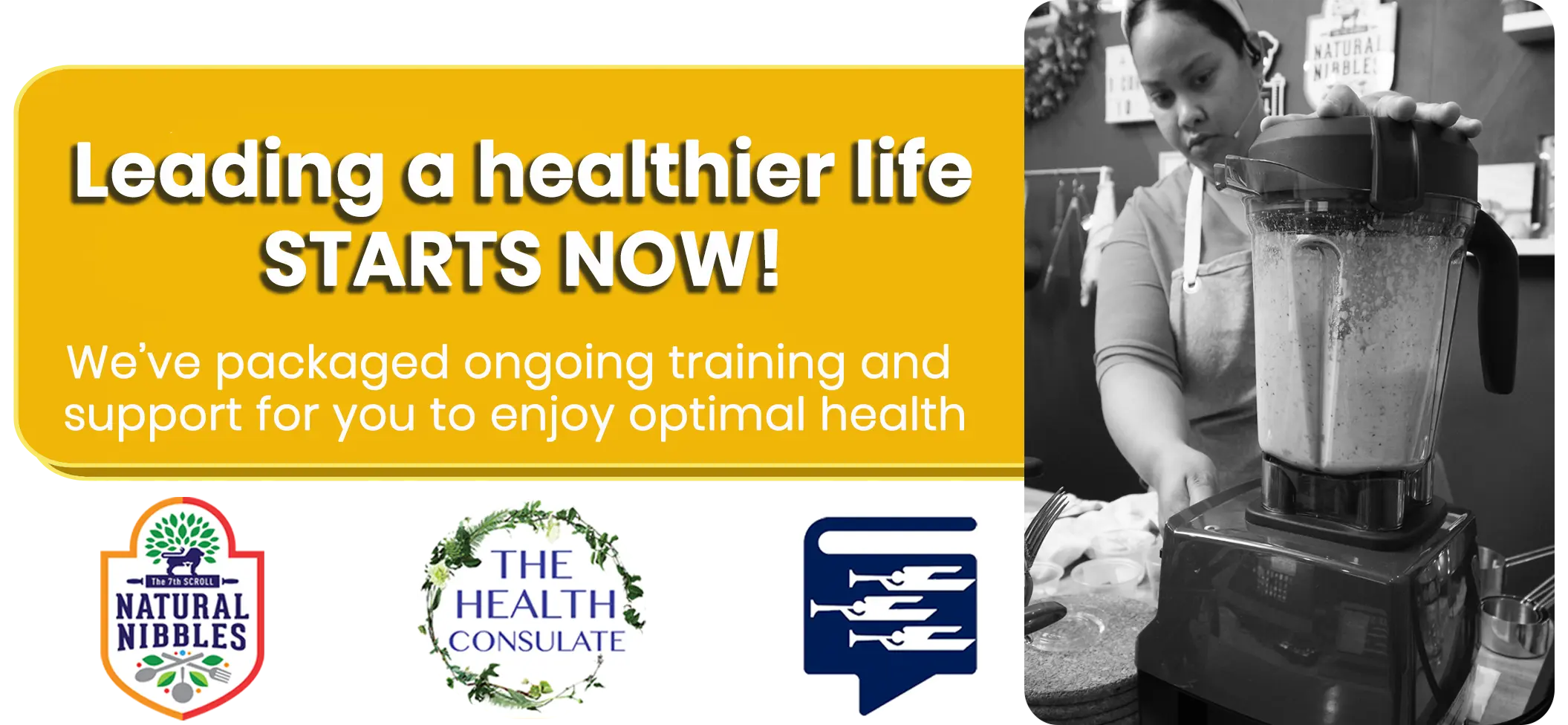 Join page banner with instructor picture with Natural Nibbles, The Health Consulate and Pillars & Fillers logos.