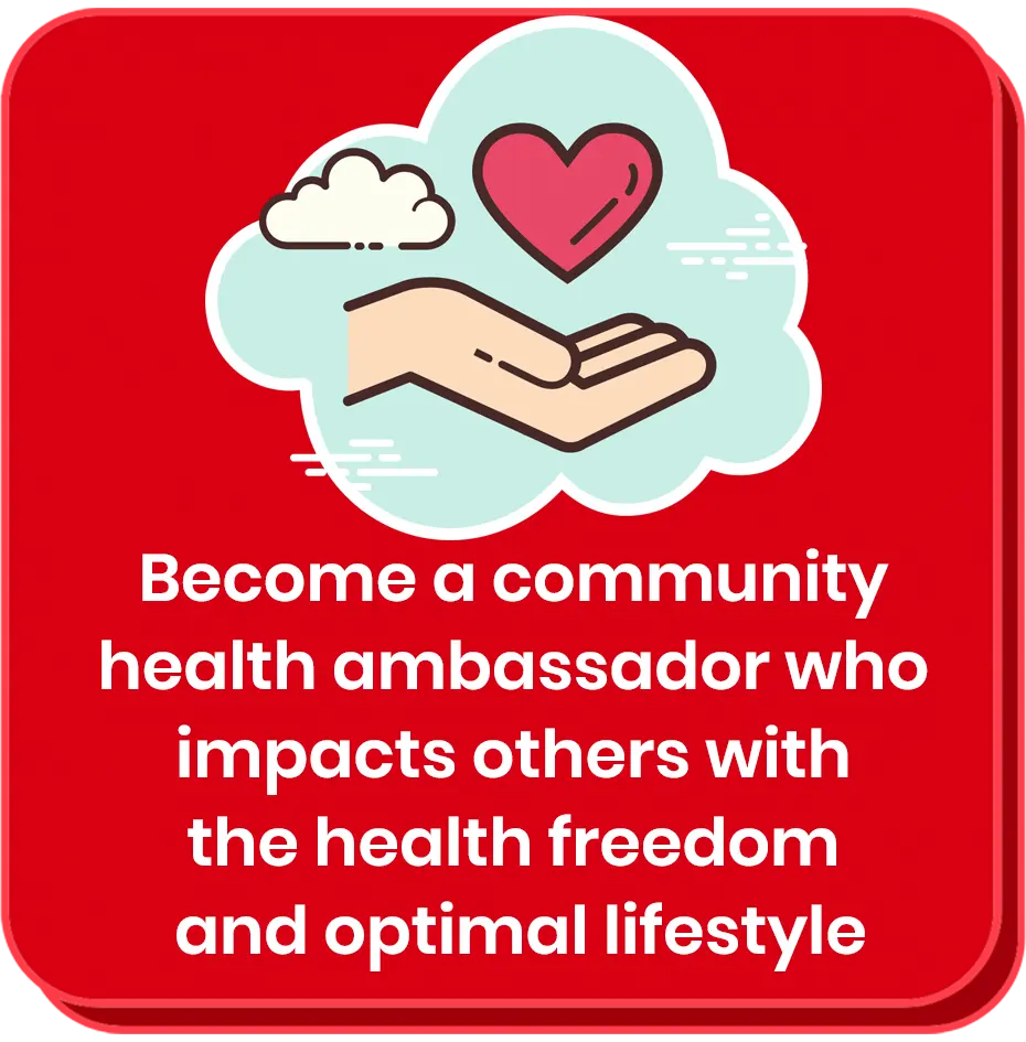 Red description box with heart in hand icon in front of cloud background representing becoming a community health ambassador with The Scroll Academy