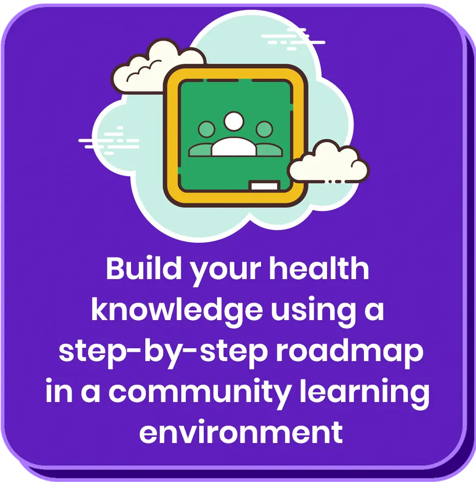 Purple description box with student symbols on a chalkboard icon in front of cloud background representing building health knowledge with The Scroll Academy
