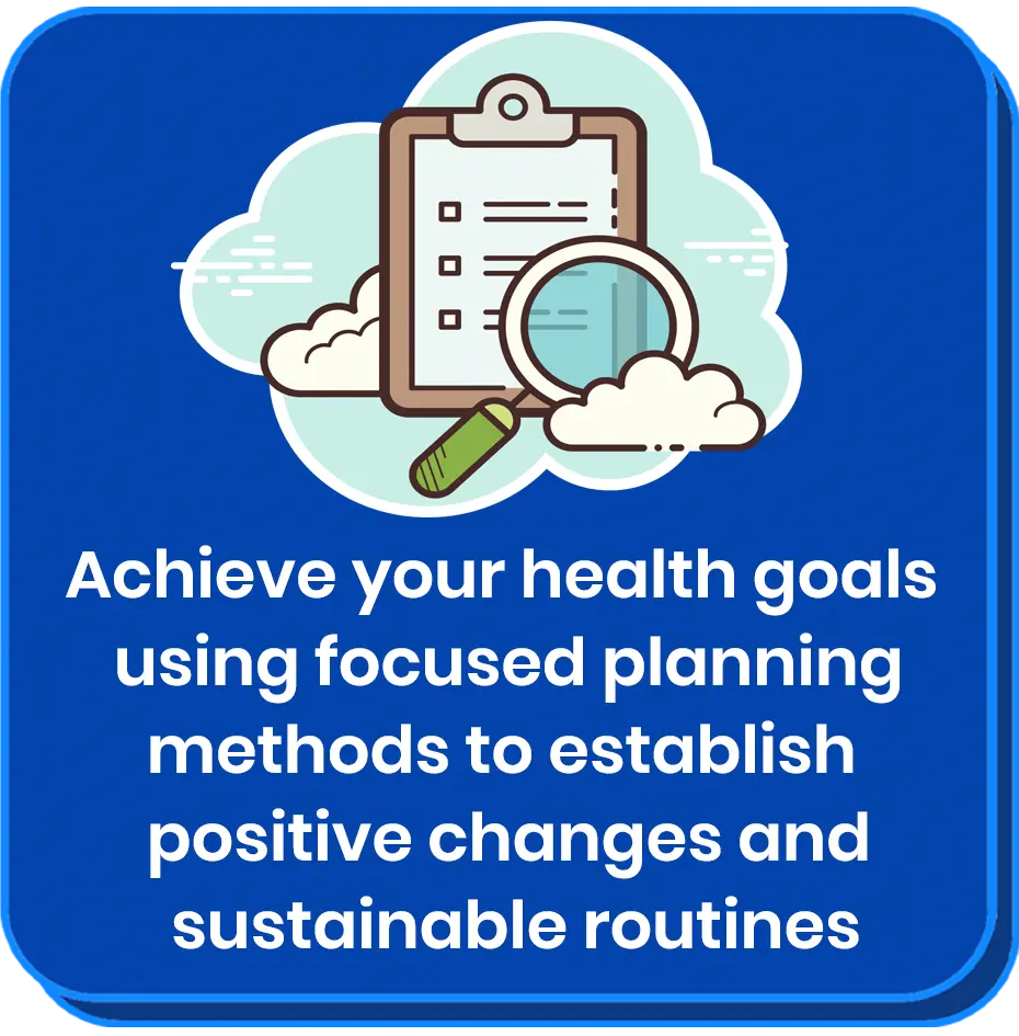 Blue description box with clipboard and magnifying lens in front of cloud background icon representing achieving health goals with The Scroll Academy